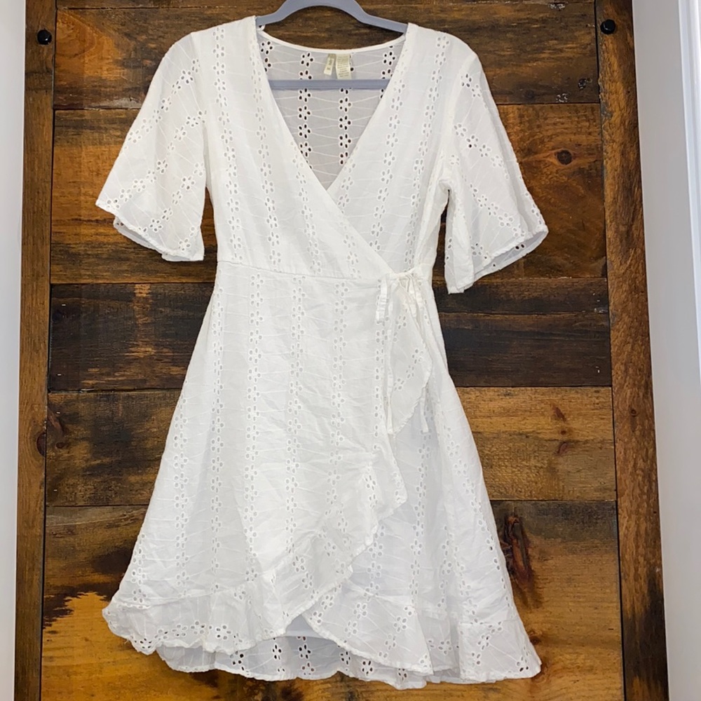 White Eyelet Wrap Mini Dress